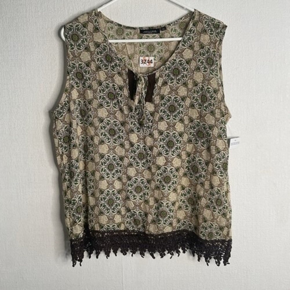 NWOT Notations Green Ornate Lace‎ Hem Cottagecore Summer Tank Top Women LP India